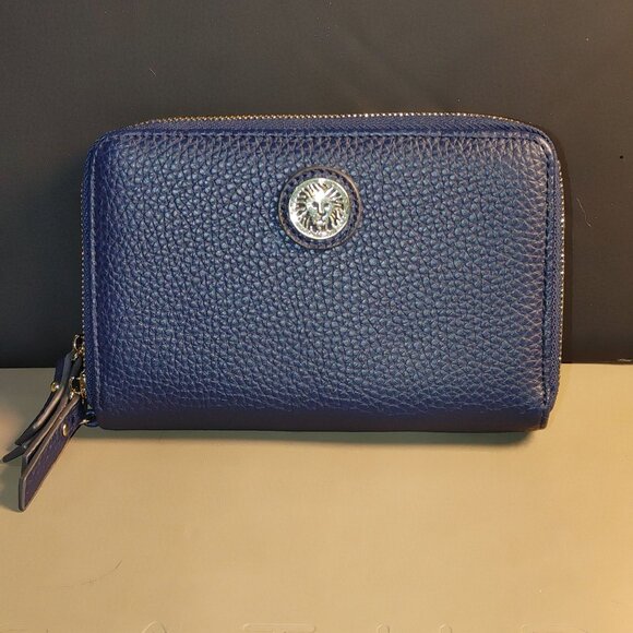 Anne Kline Blue Leather Zip Wallet Gold Lion Medallion Double Compartments - Picture 11 of 11